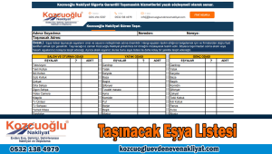 Taşınacak eşya listesi İstanbul nakliyat eşya listesi evden eve nakliyat listesi