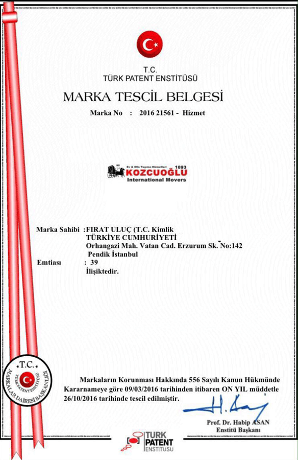 İstanbul evden eve nakliyat Marka Patent Belgesi