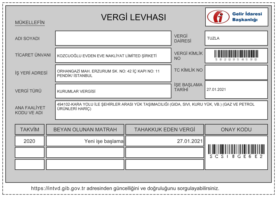 Vergi levhası İstanbul evden eve nakliyat